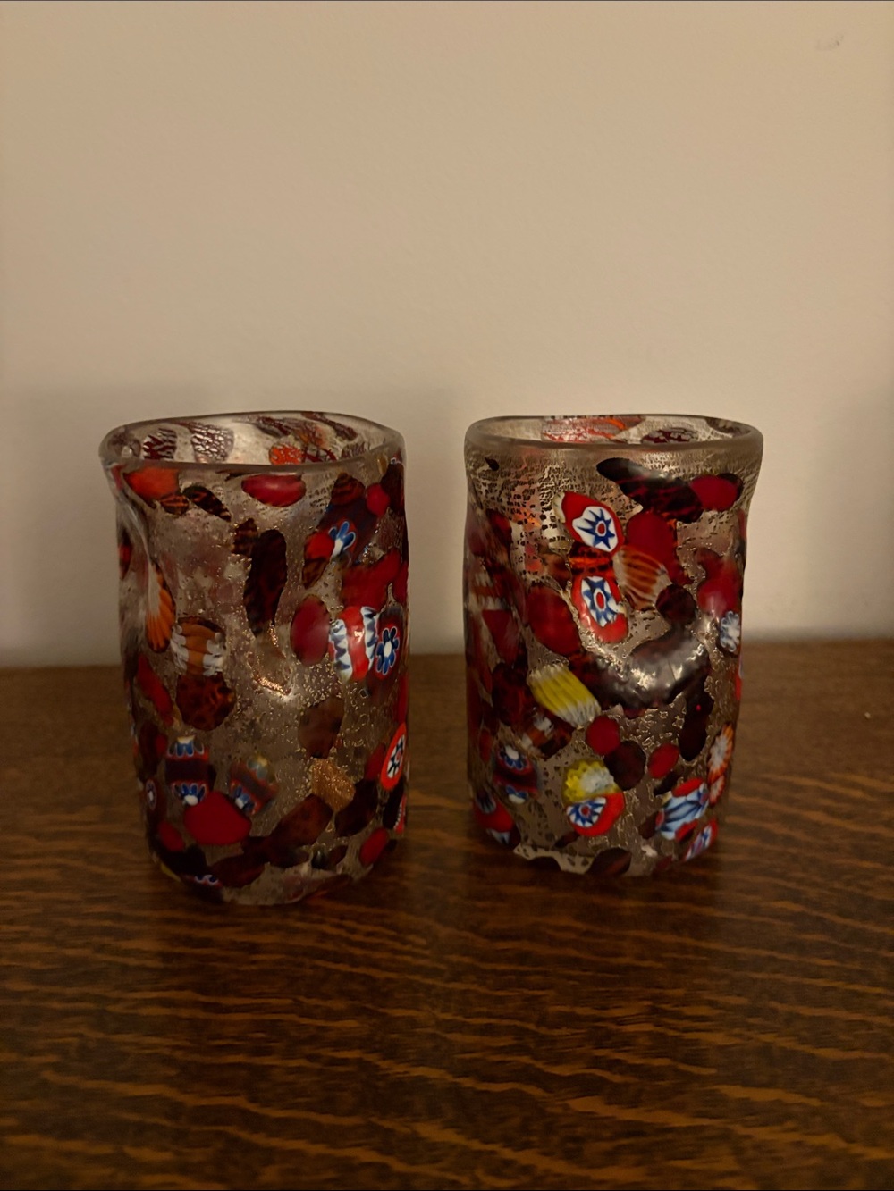 Handblown Murano Glass Cups Pair - Red Multicolor. Tumblers